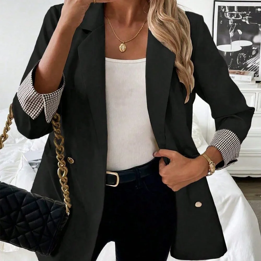 Elegant Black Women's Plaid Sleeve Trim Blazer - Picture 3 of 4